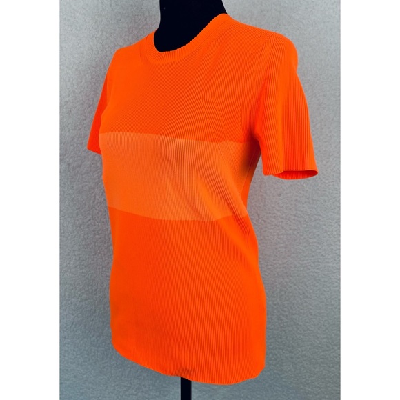 HELMUT LANG • Neon Orange Stripe Ribbed Knit Short Sleeve Tee - Picture 3 of 12